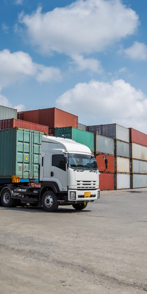 A red container forklift loads a cargo container onto a white truck in a busy shipping yard. Surrounded by stacked containers, the scene represents global logistics, trade, and freight transportation.